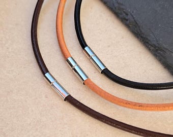 Collar de cuero con cierre de acero inoxidable | 2 mm 3 mm 4 mm | Negro Marrón Natural