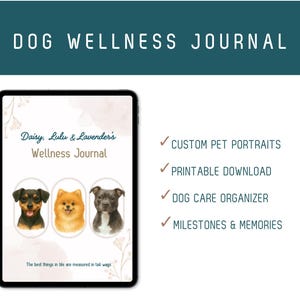 May include: A digital tablet displays a "Dog Wellness Journal" with watercolor portraits of three dogs. The journal includes sections for custom pet portraits, printable downloads, dog care organization, and milestones.