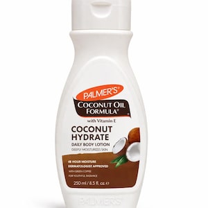 May include: A white bottle of Palmer's Coconut Oil Formula Coconut Hydrate Daily Body Lotion. The label features the brand name, product name, and key ingredients. The bottle contains 250 ml of lotion and is dermatologist approved.