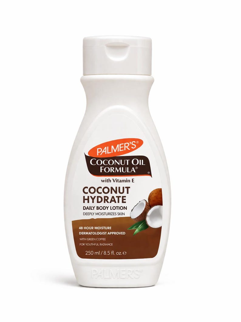 May include: A white bottle of Palmer's Coconut Oil Formula Coconut Hydrate Daily Body Lotion. The label features the brand name, product name, and key ingredients. The bottle contains 250 ml of lotion and is dermatologist approved.