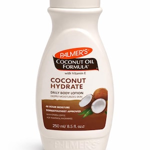 May include: A white bottle of Palmer's Coconut Oil Formula Coconut Hydrate Daily Body Lotion. The bottle has a white cap and a brown label with text and images of coconuts. The bottle contains 250 ml.