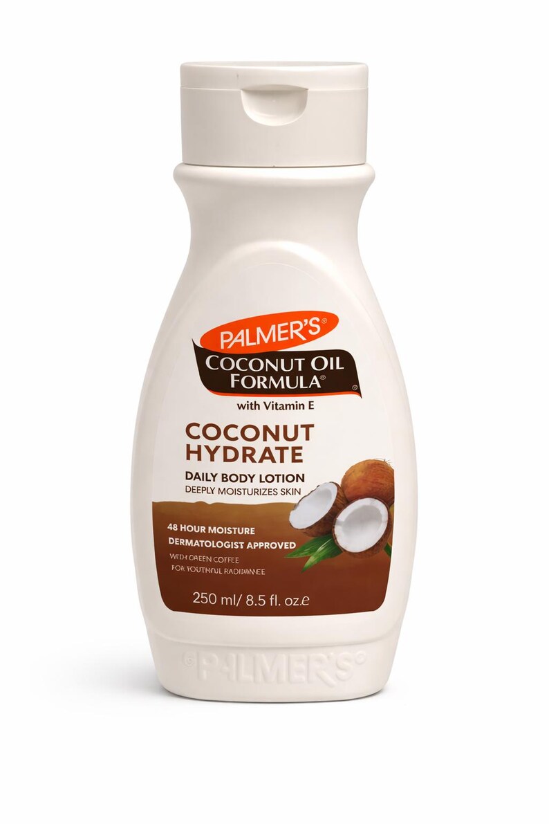 May include: A white bottle of Palmer's Coconut Oil Formula Coconut Hydrate Daily Body Lotion. The bottle has a white cap and a brown label with text and images of coconuts. The bottle contains 250 ml.