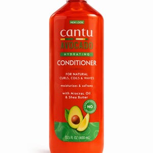 May include: A red bottle of Cantu Avocado Hydrating Conditioner. The label features the Cantu logo, the word "AVOCADO" in green and yellow, and the text "CONDITIONER". It is designed for natural curls, coils, and waves, and contains 400 mL.