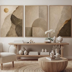 Conjunto de láminas de arte de pared en tonos beige neutro / Láminas de paisajes abstractos en tonos topo / Decoración de galería orgánica estilo boho con sol y montaña