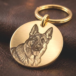 Op maat gegraveerd rond messing hondenpenning | Hondenfoto en -portret | Gepersonaliseerde huisdierherdenkingscadeau