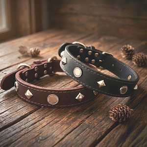 May include: Two leather collars, one dark brown and one black, each featuring a series of alternating silver-toned pyramid studs and circular textured metal accents, with a metal buckle, D-ring, and multiple adjustment holes along the strap.