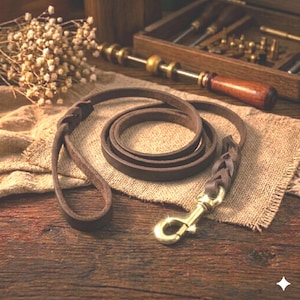 May include: A dark brown leather lead featuring a braided handle and a braided attachment point connected to a polished brass swivel snap hook. The lead is coiled into a circular shape, showcasing the smooth texture of the leather material.