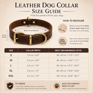 May include: A dark brown leather dog collar with brass hardware, including a buckle, D-ring, and keeper loop. The image features a size guide chart with measurements in centimeters and inches, plus instructions on how to measure a dog's neck.