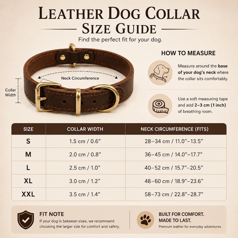 May include: A dark brown leather dog collar with brass hardware, including a buckle, D-ring, and keeper loop. The image features a size guide chart with measurements in centimeters and inches, plus instructions on how to measure a dog's neck.