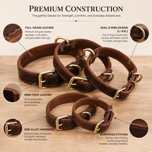 May include: Five brown full-grain leather dog collars with gold-colored zinc alloy buckles and D-rings. The collars feature reinforced stitching and a 5mm thick leather construction. Text includes Premium Construction, Full-Grain Leather, Dual D-Ring Design, 5mm Thick Leather, Zinc Alloy Hardware, and Reinforced Stitching.