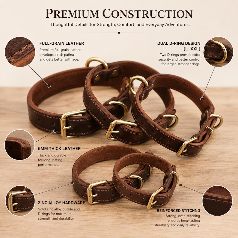 May include: Five brown full-grain leather dog collars with gold-colored zinc alloy buckles and D-rings. The collars feature reinforced stitching and a 5mm thick leather construction. Text includes Premium Construction, Full-Grain Leather, Dual D-Ring Design, 5mm Thick Leather, Zinc Alloy Hardware, and Reinforced Stitching.