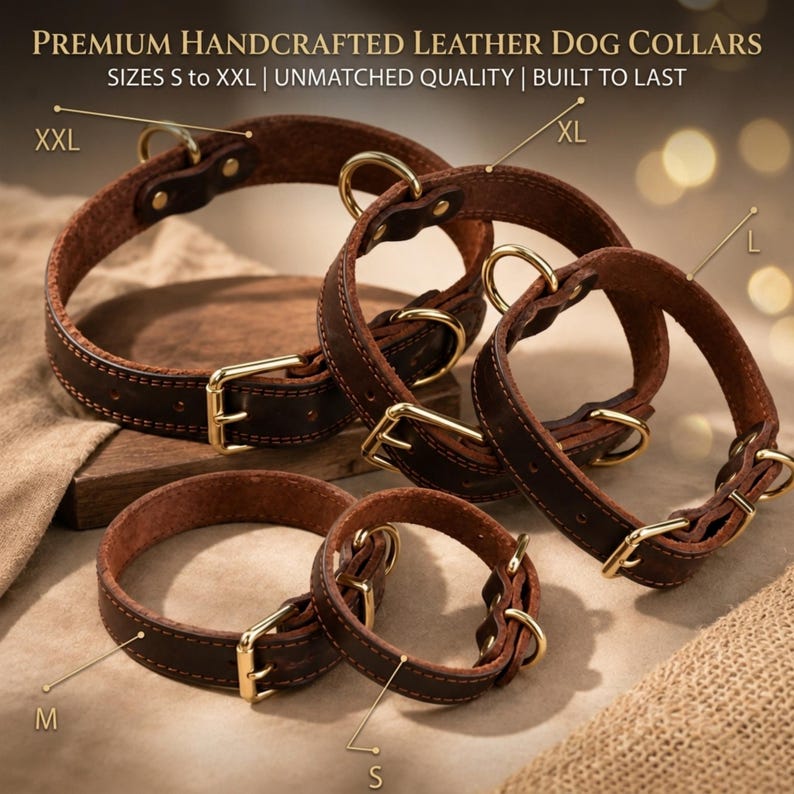 May include: Five dark brown leather dog collars with gold-toned metal buckles and D-rings, labeled with sizes S, M, L, XL, and XXL. The text at the top reads: PREMIUM HANDCRAFTED LEATHER DOG COLLARS SIZES S to XXL | UNMATCHED QUALITY | BUILT TO LAST.
