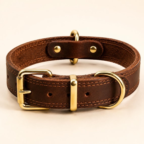 Handcrafted Full Grain Leather Dog Collar, Rustic Vintage Pet Accessory, Gold Tone Hardware