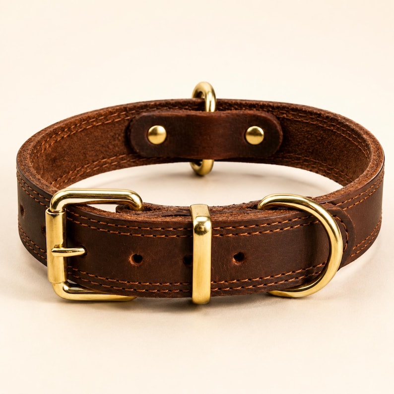 Rustic full-grain leather dog collar with gold-tone buckle and D-ring hardware, handcrafted vintage brown pet collar for medium and large dogs, durable stitched genuine leather dog accessory