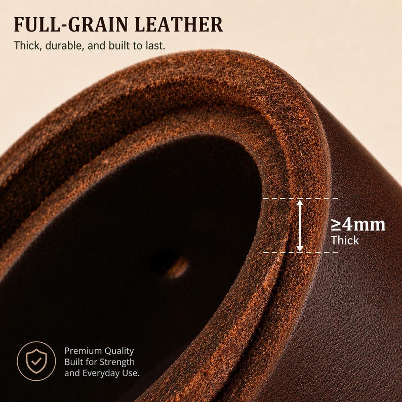 May include: Close-up of a brown full-grain leather belt. The text reads "FULL-GRAIN LEATHER Thick, durable, and built to last." The belt is 4mm thick. The text "Premium Quality Built for Strength and Everyday Use" is also visible.