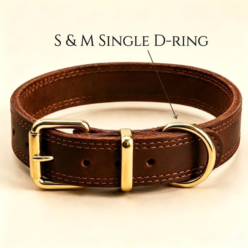 May include: A dark brown leather collar featuring gold-toned metal hardware, including a buckle, a keeper loop, and a single D-ring. The text S & M SINGLE D-RING is printed above the collar with an arrow pointing to the D-ring.