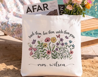 Bolso de mano personalizado para profesores, bolso de lona floral con nombre personalizado, regalo de agradecimiento para profesores, regalo de fin de curso o de vuelta al cole.