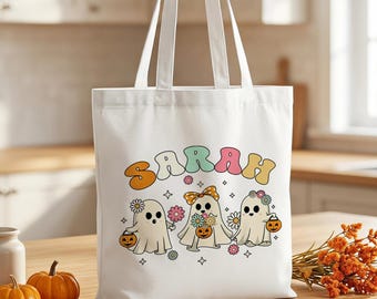 Bolsa de lona com estampa de fantasma, bolsa fofa de Halloween para ela, presente para a temporada assustadora, bolsa estilo fazenda de abóboras, bolsa de compras para feira de outono