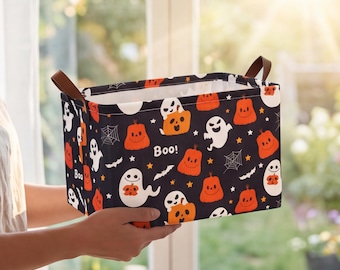 Halloween opbergmand, stoffen opbergbak met pompoen-, vleermuis- en spinnenmotief, opvouwbare organizer met handvatten, herfstdecoratie voor thuis, griezelige speelgoedopbergmand