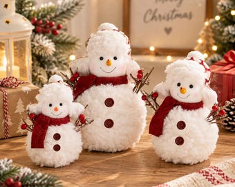 Christmas Snowman Figurine, Plush Snowman Winter Decor, Cozy Mantel and Table Decoration, Holiday Gift for Snowman Lovers