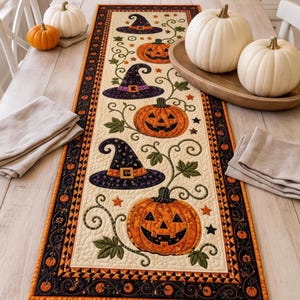 May include: A rectangular quilted table runner featuring a cream-colored center panel with a repeating pattern of orange jack-o'-lanterns, purple witch hats, green vines, and small stars, framed by a black border with orange pumpkin motifs.