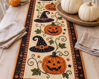 Halloween Table Runner, Pumpkin Witch Table Decor, Vintage Fall Table Runner, Jack O Lantern Decor, Halloween Dining Table Decoration
