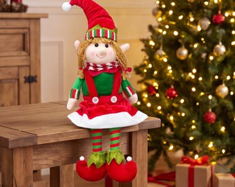 Christmas Long Leg Elf Doll, Cute Sitting Elf Shelf Decor, Whimsical Christmas Mantel Decoration, Festive Holiday Gift