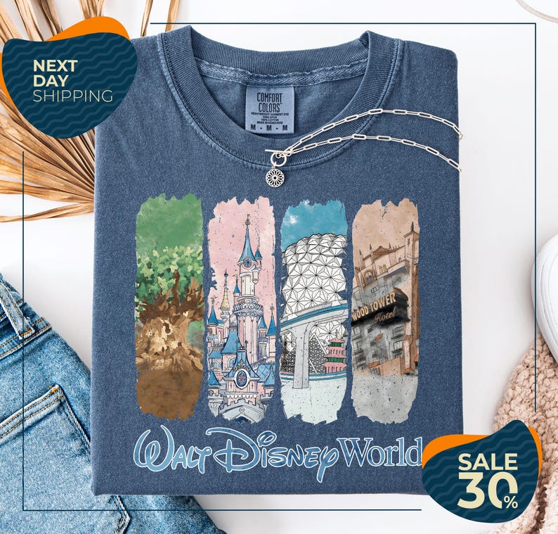 a blue t-shirt with a graphic design depicting various Disney World landmarks, including the Walt Disney World resort, the Wood Tower, and the Epcot Pavilion. The t-shirt is displayed on a white background, and there are two sale signs indicating a 30% discount on the item.