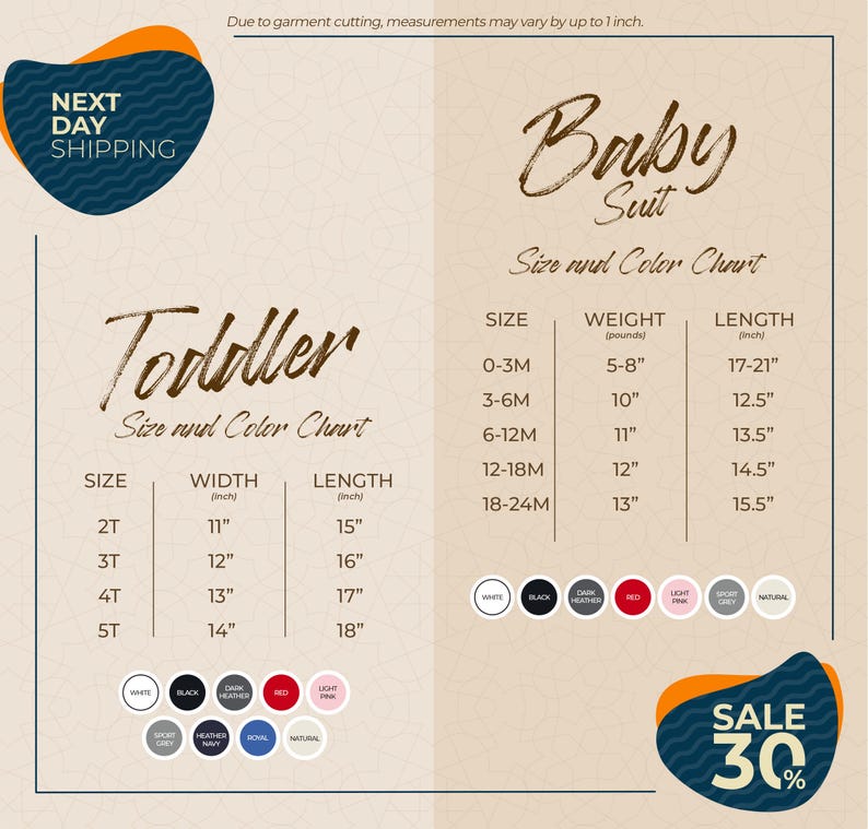 The image is a promotional graphic for a clothing store, displaying size and color charts for toddler and baby suits. The chart provides measurements and corresponding colors for each size, with a sale offer of 30% off.