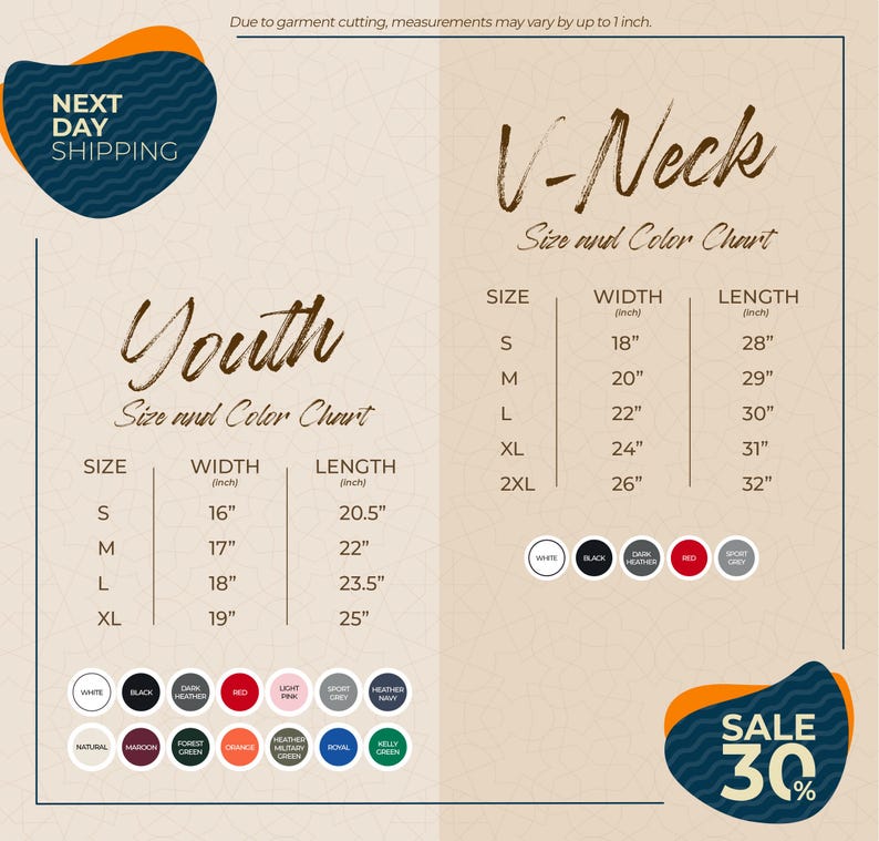 The image is a promotional graphic for a clothing store, displaying size and color charts for youth and V-Neck tops. The chart provides measurements for different sizes, including S, M, L, XL, and 2XL, along with corresponding widths and lengths. The image also includes a sale promotion of 30% off.