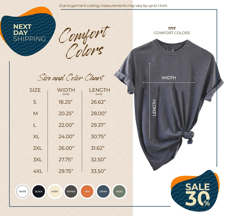 The image is a promotional advertisement for a clothing brand, featuring a gray t-shirt with measurements and color options. The ad highlights the brand's comfort colors and offers a sale of 30% off on their clothing items.