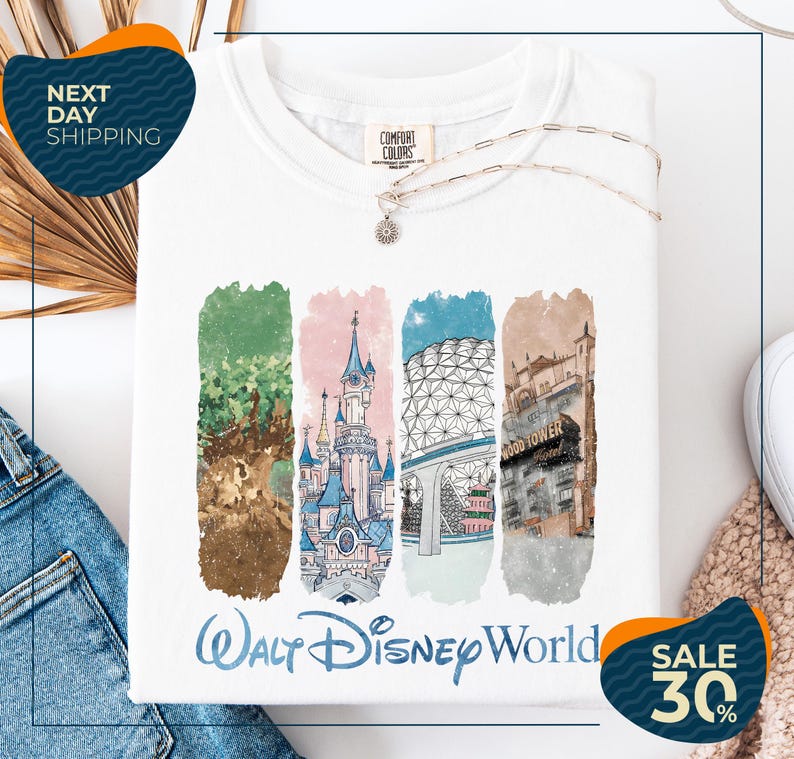 The image is an advertisement for a Disney World t-shirt, featuring a collage of four different scenes from the Disney theme park.