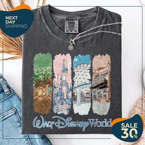 a gray t-shirt with a graphic design depicting various Disney World landmarks, including the Walt Disney World resort, the Wood Tower, and the Epcot Pavilion. The t-shirt is displayed on a white background, and there are jeans and a necklace visible in the foreground.
