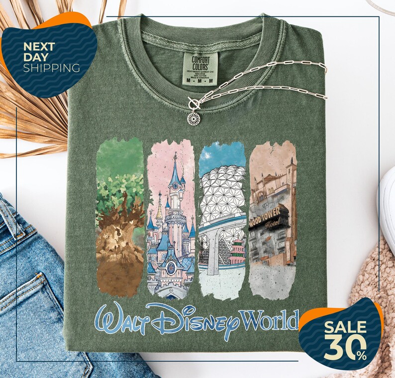 The image is an advertisement for a t-shirt featuring a collage of Disney World landmarks, including the Walt Disney World resort, the Tree of Life, the Epcot Space Needle, and the Hollywood Hills. The t-shirt is displayed on a white background, and there are two sale offers: a 30% discount and next day shipping.