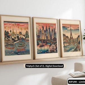以下が含まれることがあります： 浮世絵風の額装されたアートプリントの三連作。ボートのある街、橋のあるスカイライン、エッフェル塔のシーンを描いています。各プリントは、伝統的な日本の木版画スタイルで、ベージュのフレームに入っています。
