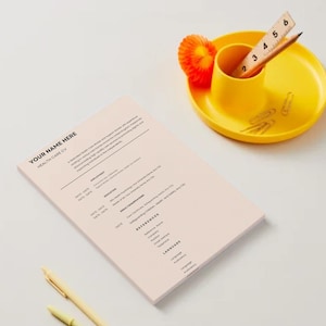 May include: A light pink Health Care CV with the text "YOUR NAME HERE" and a yellow pen. A yellow cup and plate hold a ruler, pencil, paper clips, and a decorative orange fan.