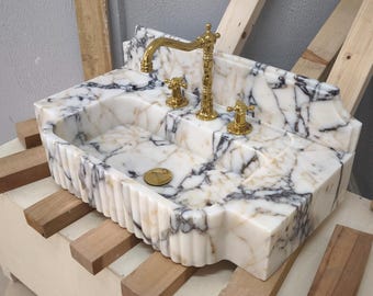 Marble Sink Calacatta Viola Marble Basin with backsplash, Ribbed wall-mount or countertop vanity Vessel