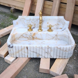 Calacatta GOLD Marble Sink with Backsplash. Wall Mount and Countertop Bathroom Ribbed Vanity Vessel
