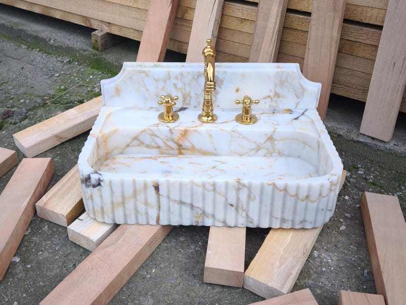 Calacatta GOLD Marble Sink with Backsplash. Wall Mount and Countertop Bathroom Ribbed Vanity Vessel