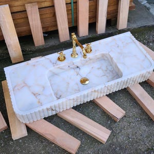 Calacatta Gold Marble Sink. Wall Mount and Countertop Ribbed Bathroom Vanity Vessel Basin