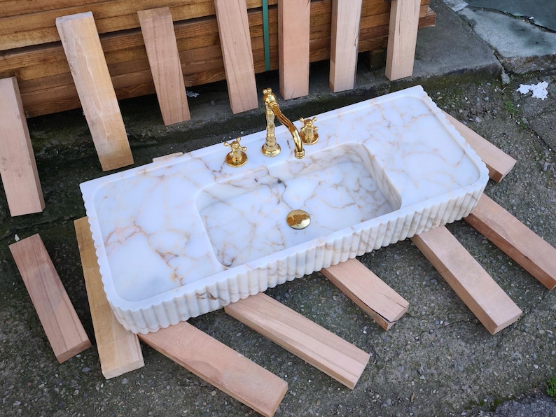 Calacatta Gold Marble Sink. Wall Mount and Countertop Ribbed Bathroom Vanity Vessel Basin