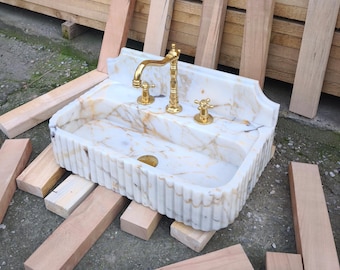 Calacatta GOLD Marble Sink with Backsplash. Wall Mount and Countertop Bathroom Ribbed Vanity Vessel