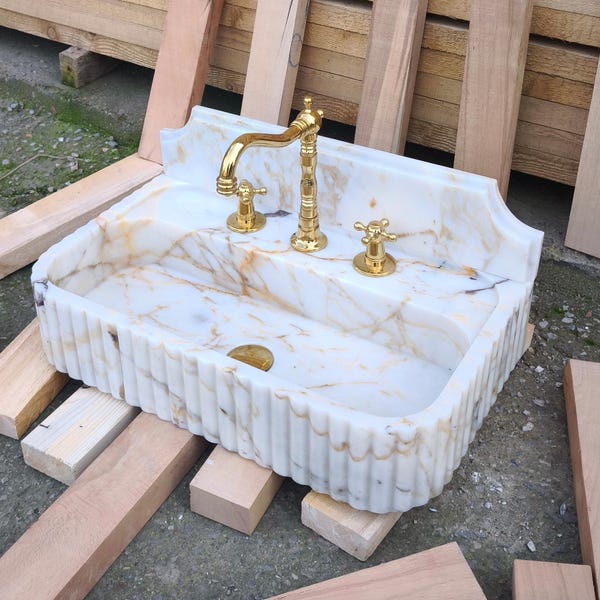 Calacatta GOLD Marble Sink with Backsplash. Wall Mount and Countertop Bathroom Ribbed Vanity Vessel