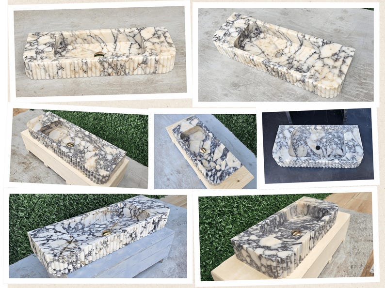 Lavabo de mármol Calacatta Viola, lavabo de mármol, encimera de pared de piedra acanalada con ranuras, lavabo de baño imagen 12