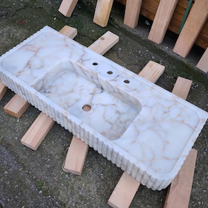Calacatta Gold Marble Sink. Wall Mount and Countertop Ribbed Bathroom Vanity Vessel Basin