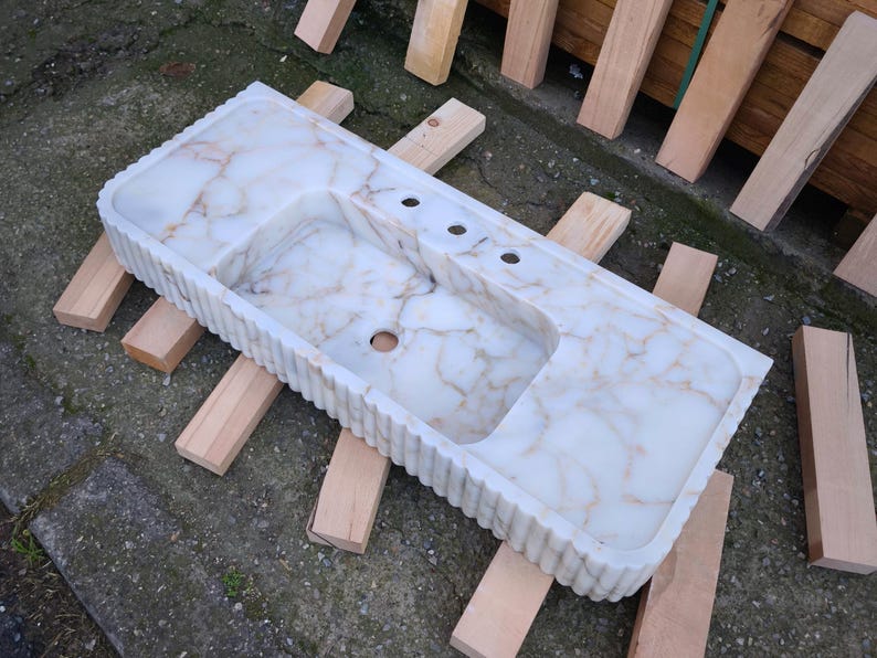 Calacatta Gold Marble Sink. Wall Mount and Countertop Ribbed Bathroom Vanity Vessel Basin