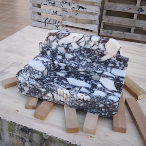 May include: A rectangular marble sink with a speckled pattern of white, black, and brown. The sink is supported by wooden blocks and has a curved back. The sink is a bathroom fixture.