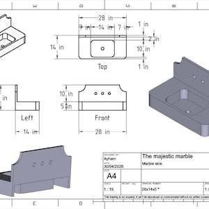 May include: Isometric and orthographic drawings of a marble sink. The sink is 28 inches wide, 14 inches deep, and 5 inches high. The design includes a rectangular basin and a decorative backsplash with three holes.