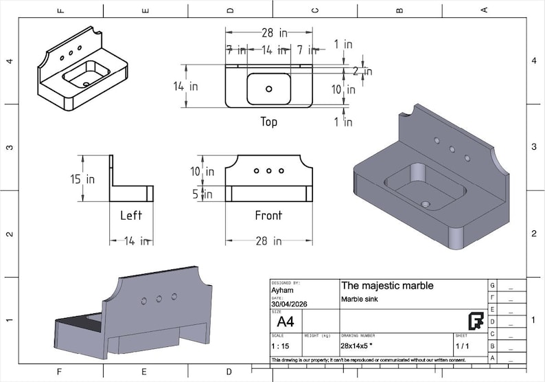 May include: Isometric and orthographic drawings of a marble sink. The sink is 28 inches wide, 14 inches deep, and 5 inches high. The design includes a rectangular basin and a decorative backsplash with three holes.