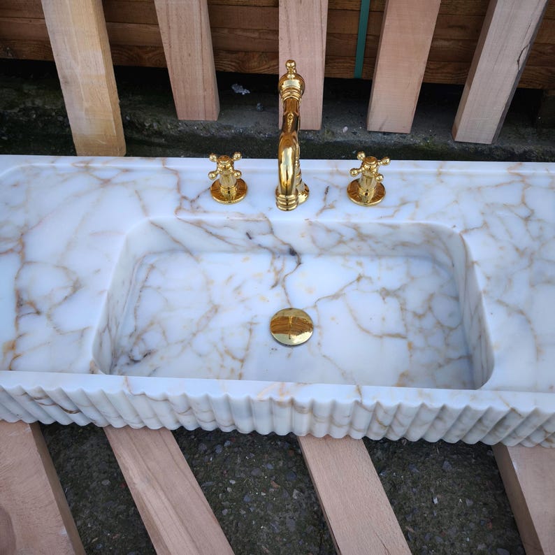 Calacatta Gold Marble Sink. Wall Mount and Countertop Ribbed Bathroom Vanity Vessel Basin